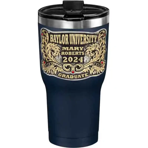 A customized tumbler made of stainless steel with a personalized engraved name and Baylor University lettering, 30 oz, ideal for coffee or cool drinks